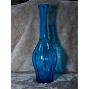 Vintage Clear Peacock Blue Glass Blenko Ribbed Optic Bud Vase 64D Hand Blown MCM
